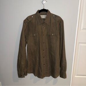 Bush Shirt Mens Large Green 100% Linen Utility Safari Long Sleeve Hiking Vintage